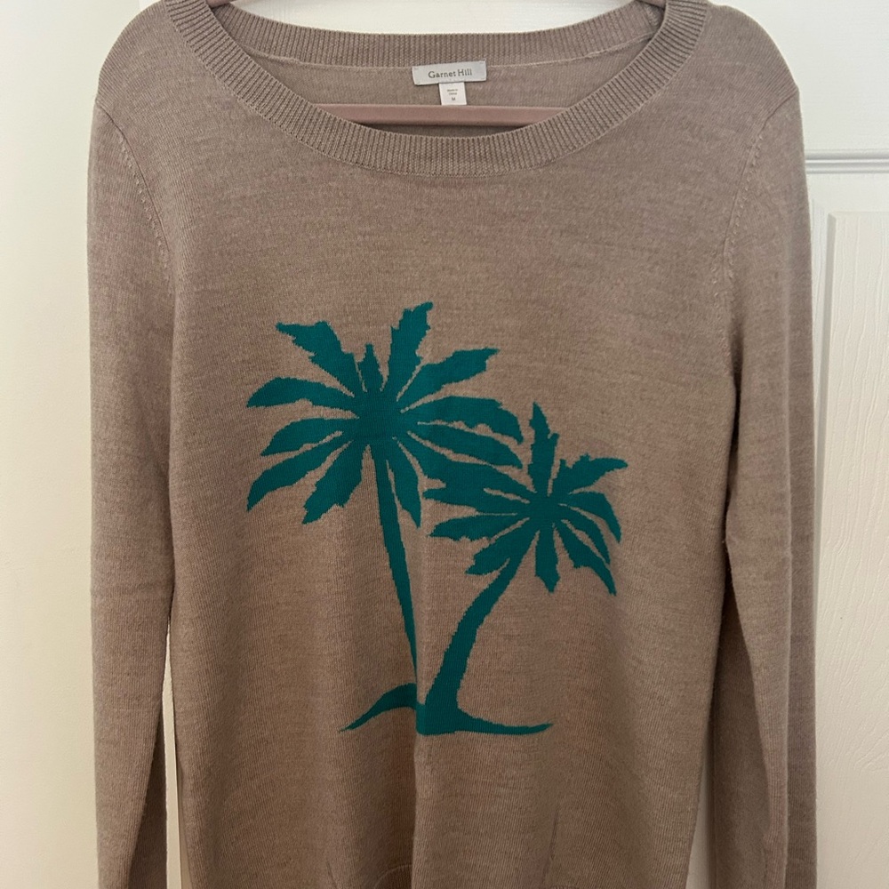 Adorable Garnet Hill Merino Wool Crewneck Sweater Palm Trees MEDIUM